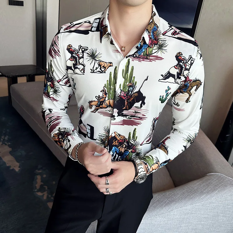 

Vintage Printed Shirt for Men 2023 Summer Long Sleeve Casual Slim Fit Shirts Streetwear Social Party Nightclub Camisa Masculina