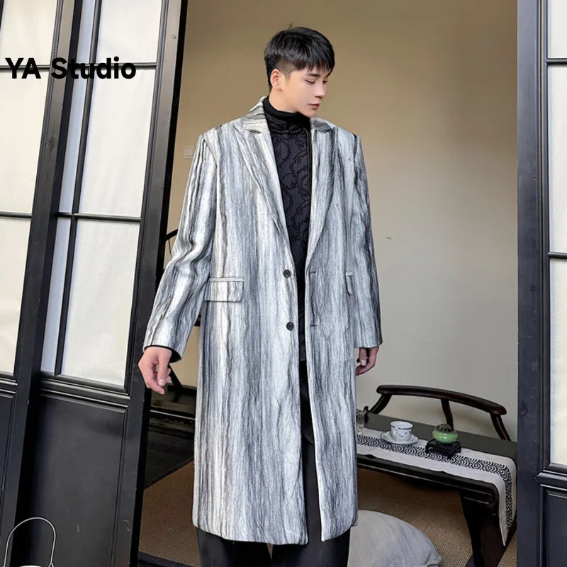 

[YA Studio] 2023 Winter New Ink Print Long Woolen Coat For Men Vintage Senior Sense Trend Coat