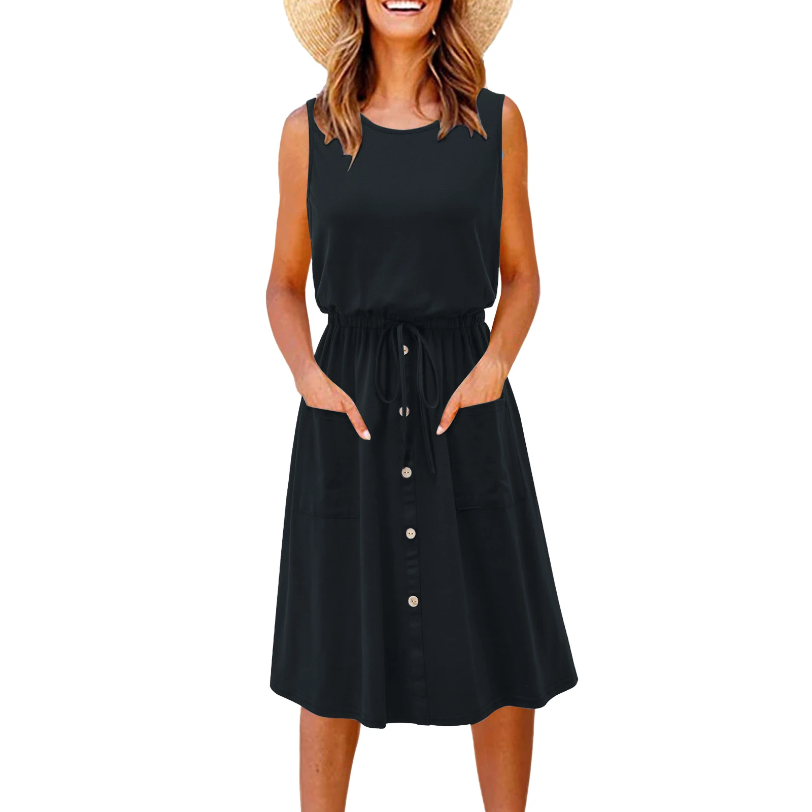 

Women Summer Loose O Neck Vest Dress With Pocket Button Solid Color Dress Sleeveless Dress Work Formal Casual Daily Wear