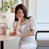 2022 spring and summer new korean womens square neck fashion bubble sleeve short top lace medium long white fishtail skirt