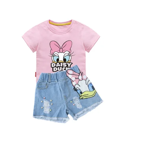 Disney, наряды для девочек, с героями мультфильма «Дональд Дак», комплект с принтом летняя футболка рваные джинсовые шорты для девочек Одежда для детей ясельного возраста комплект детской одежды