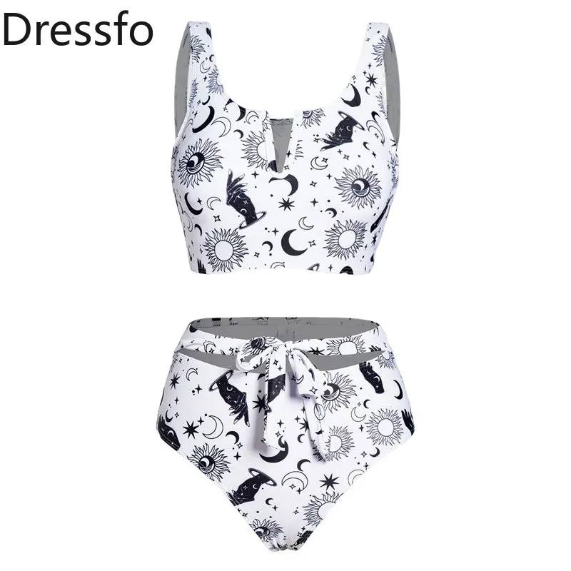 

Dressfo Allover Celestial Sun Moon Star Print Tankini Set Swimsuit Notched Padded Bowknot Bathing Suit Bikini Set Swimwear Women