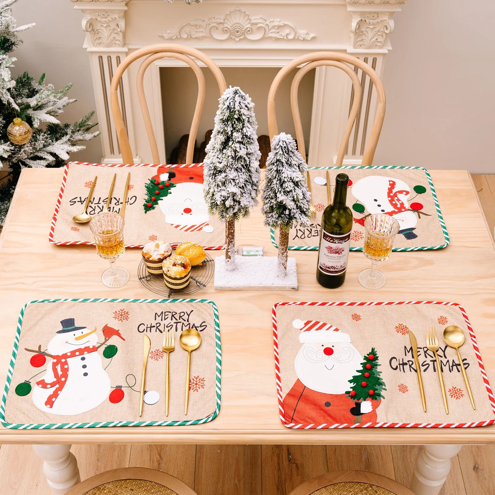 

Christmas Decoration Items Old Man Snowman Creative Embroidery Placemat Table Dress Up Heat Insulation Mat Tablecloth