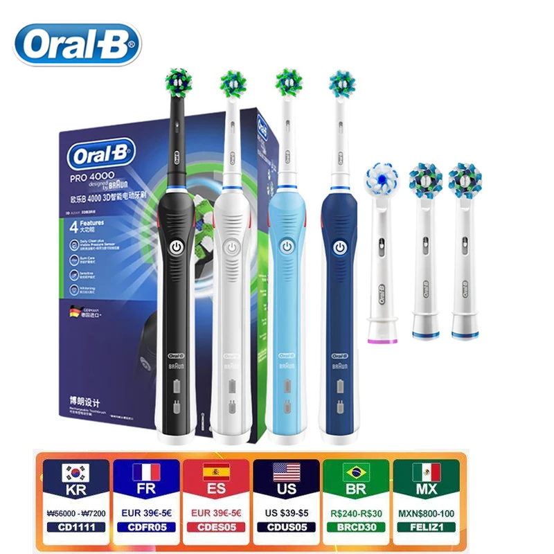 Электрическая зубная щетка Oral-B Pro 4000 с 4 насадками перезаряжаемая для взрослых