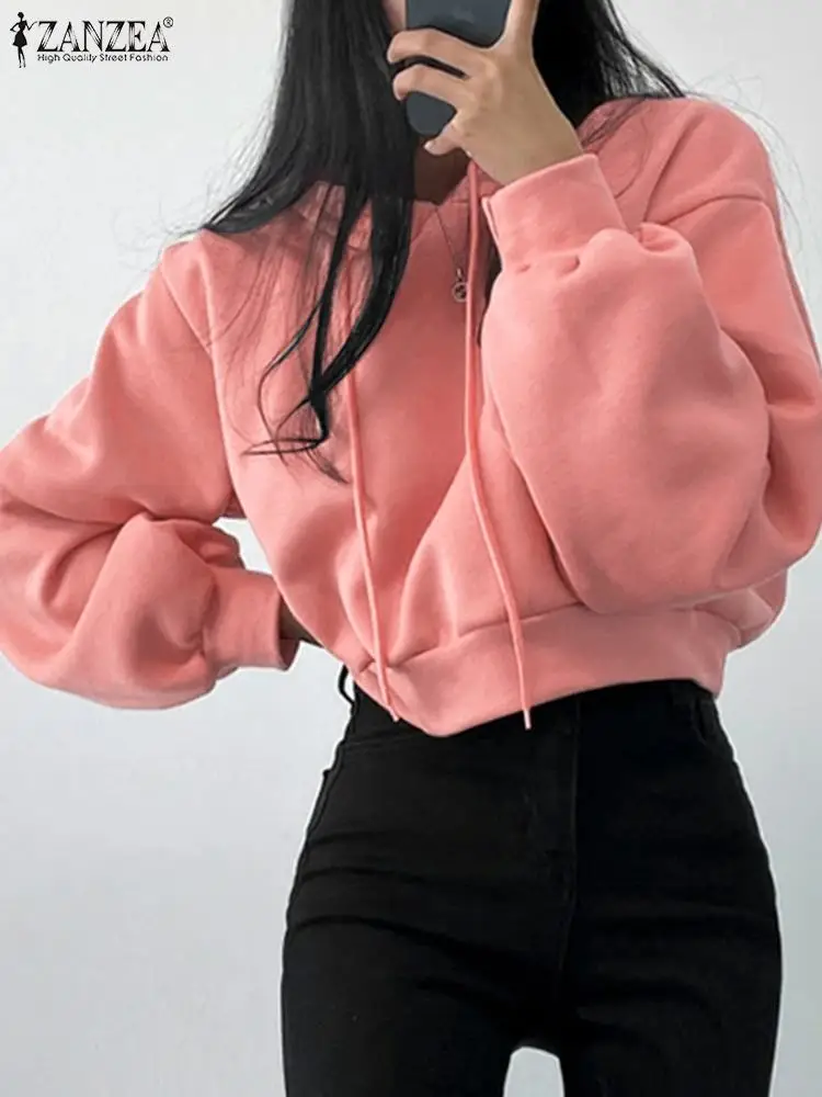 

ZANZEA Women Harajuku Autumn Cropped Hoodies Baggy Drawstring Hooded Ladies Pullovers Fashion Long Sleeve Hooded Sweatshirts