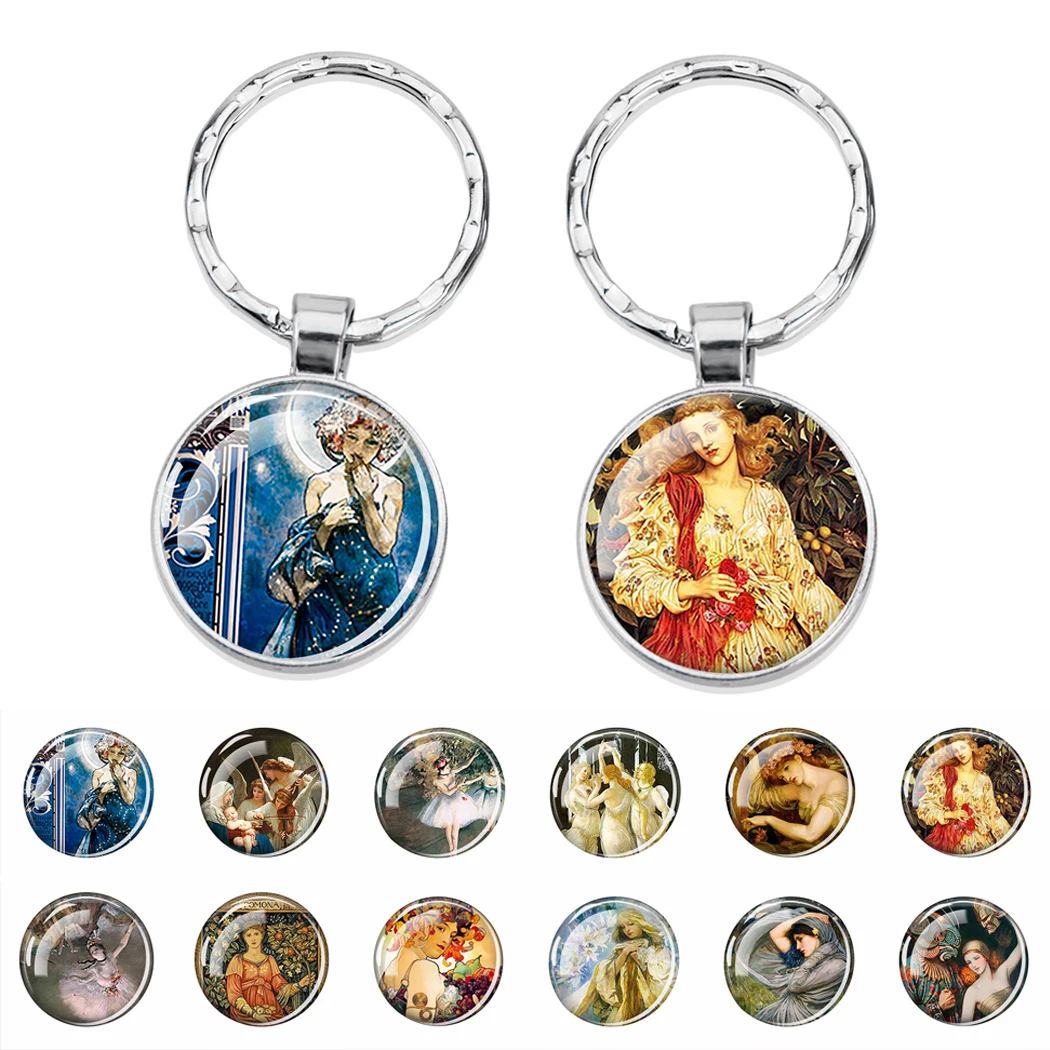 

Fashion Glass Dome Pendant Keychain Vintage Art Famous Painting Keychain Women Handbag Wallet Pendant Keyring Pendant Girl Gift
