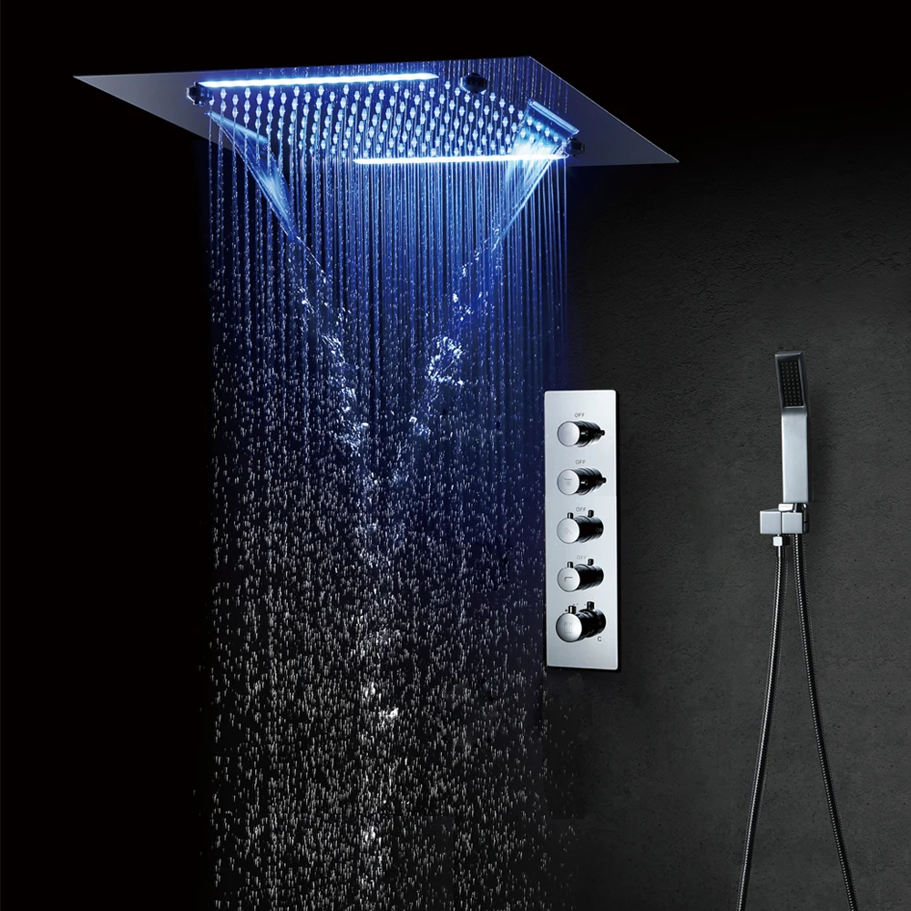 4 Functions Thermostatic Black Shower Set System Ceiling 20 Inch LED Shower Head Rain Bathroom Faucets Concealed Diverter Chrome