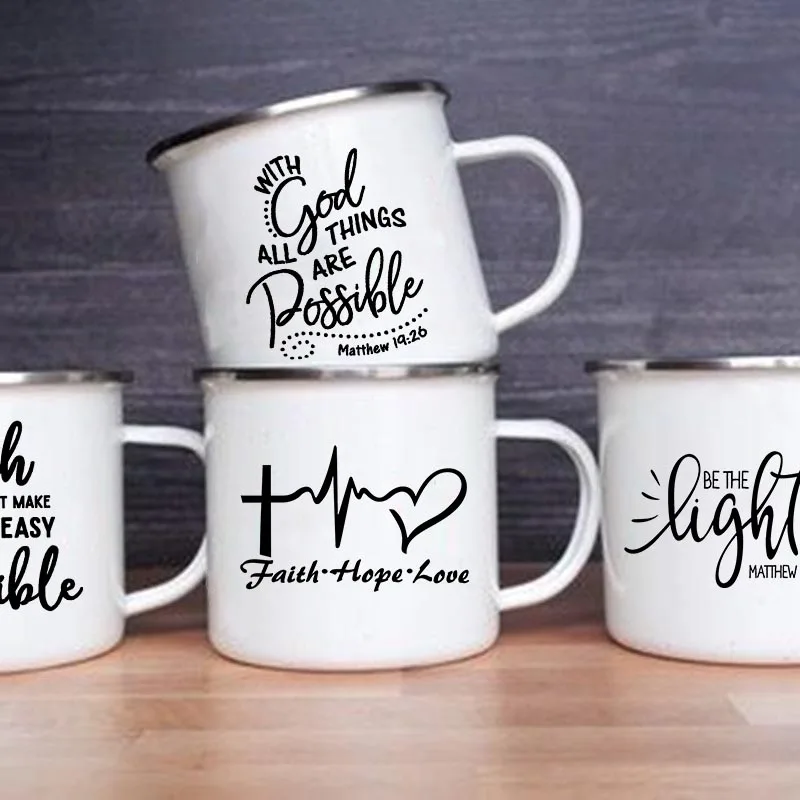 

Faith Hope Love Print Christian Creative Enamel Mugs Outdoor Travel Coffee Cup Drink Dessert Milk Vintage Handle Drinkware Gift