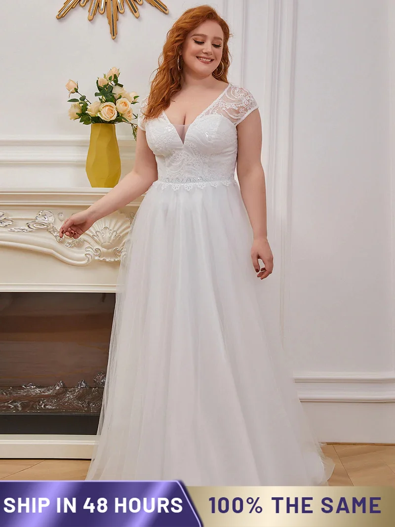 

Elegant Wedding Dress Long Trendy A-LINE Deep V Neck Tulle Floor-Length 2022 Ever Pretty Of Lace Simple Wedding Women Dress