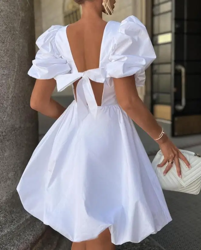 

Women's Backless Tied Detail Casual Dress Princess Girl Plain Round Neck Fashion Summer Simple Puff Sleeve Mini A Line Dresses