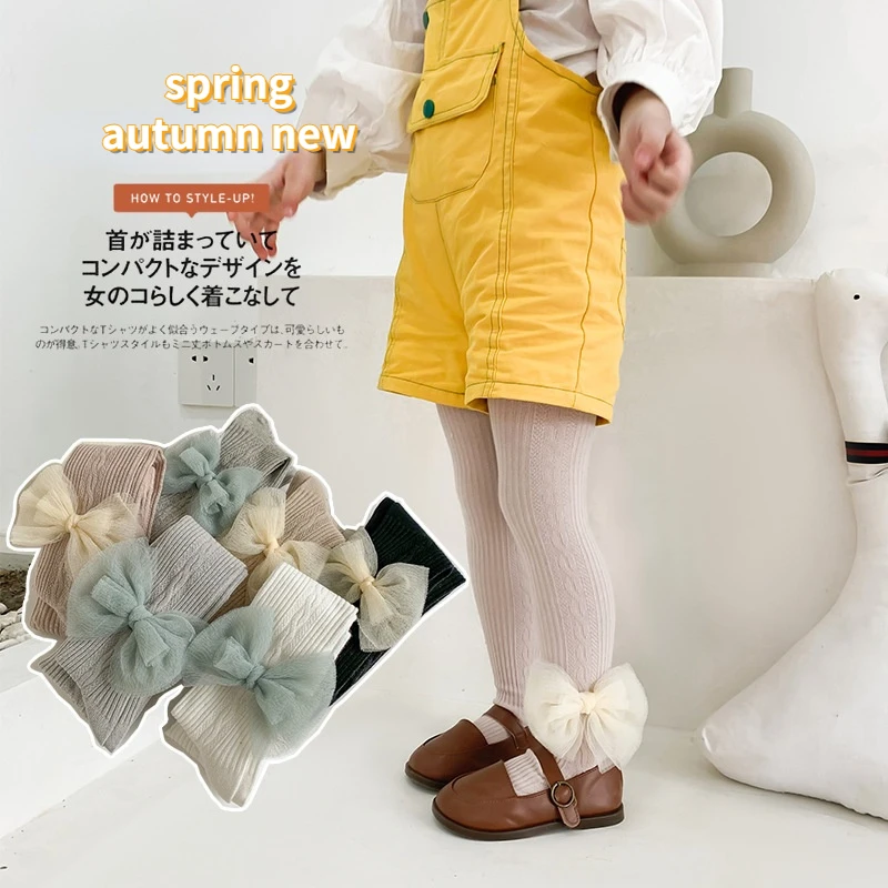 Весенние леггинсы для девочек 2022 белые сетчатые детские колготки с бантом и