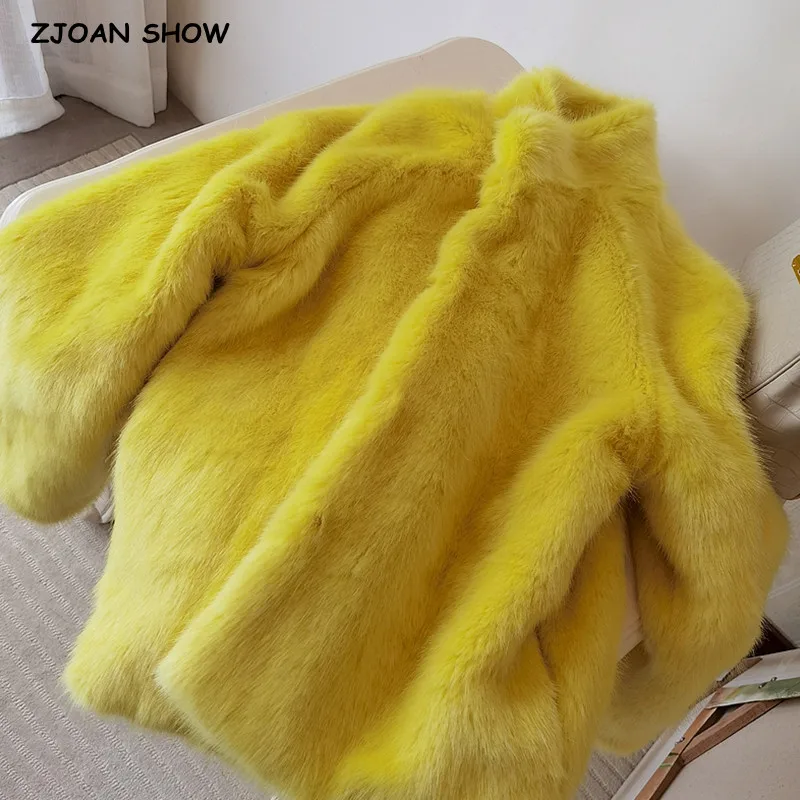 2021 Winter Chic Stand Collar Hairy Shaggy Faux Fur Coat Bright Yellow Long sleeve Furry Fur Jacket Women Midi Long Outerwear