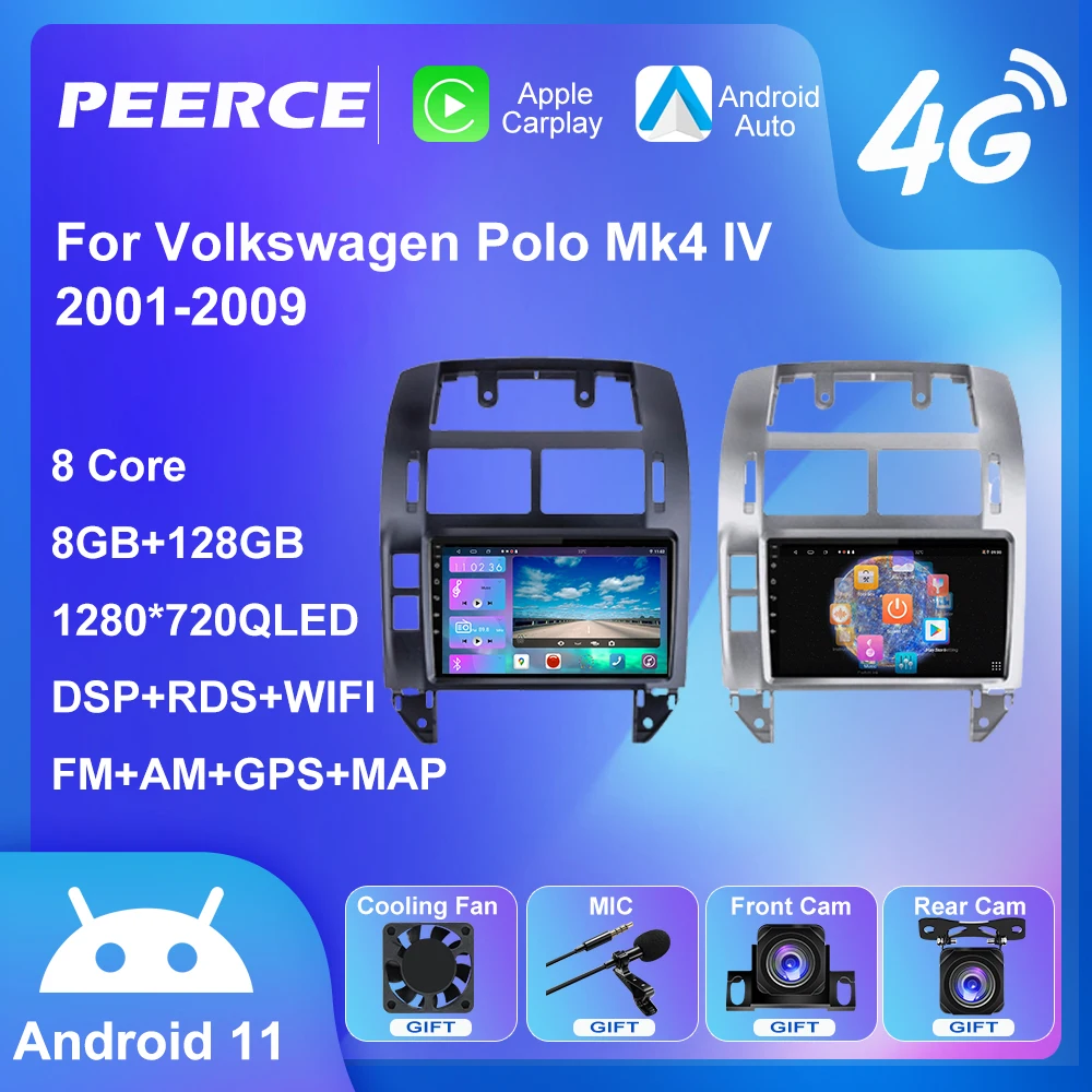 

PEERCE Car Radio For Volkswagen Polo Mk4 IV 2001-2009 Android 11 Multimedia 1280*720 QLED Navigation GPS Auto Stereo 2Din DVD
