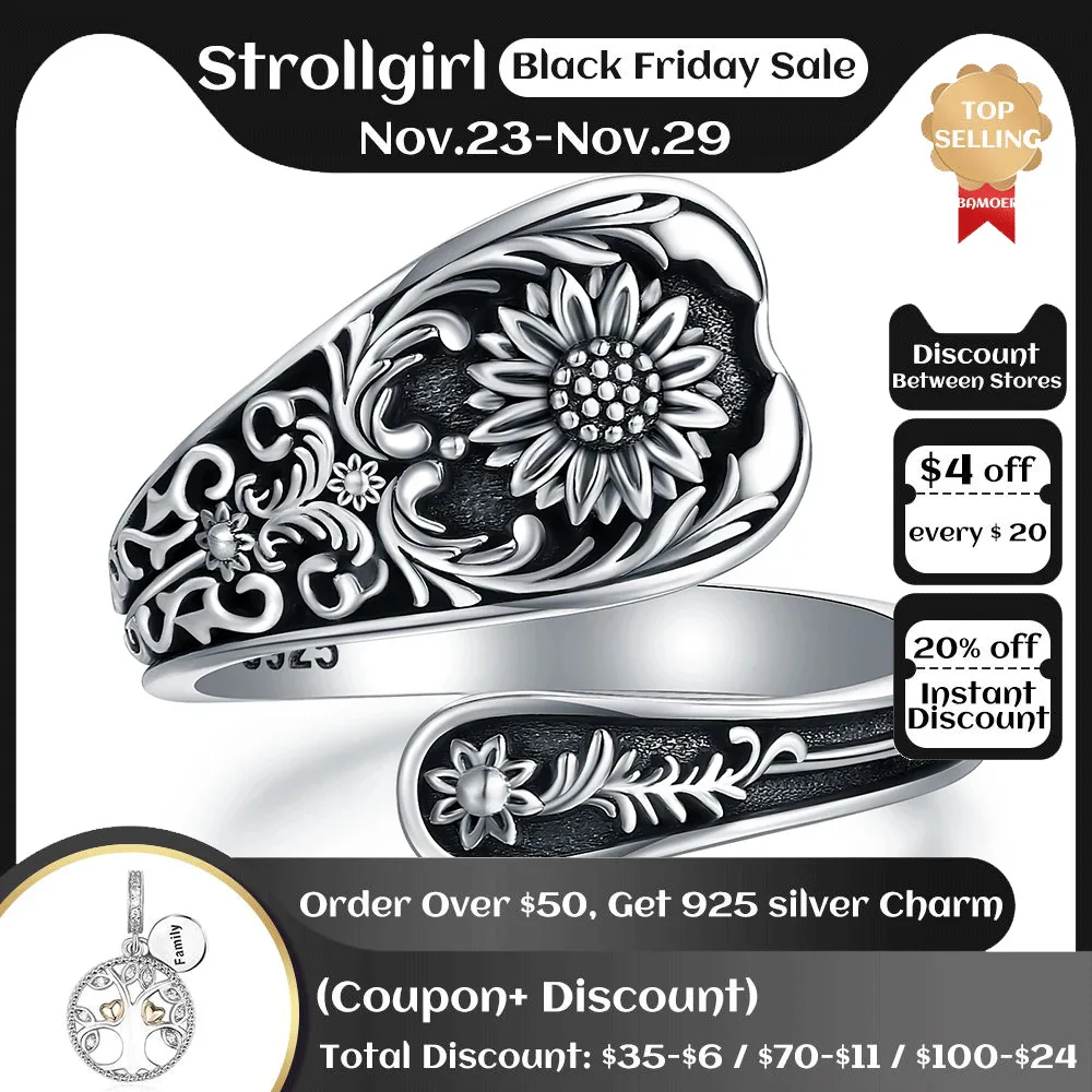 

925 Sterling Silver Vintage Sunflower Spoon Adjustable Rings Victorian Jewelry Makes an Awesome Birthday Gift For Women Friends