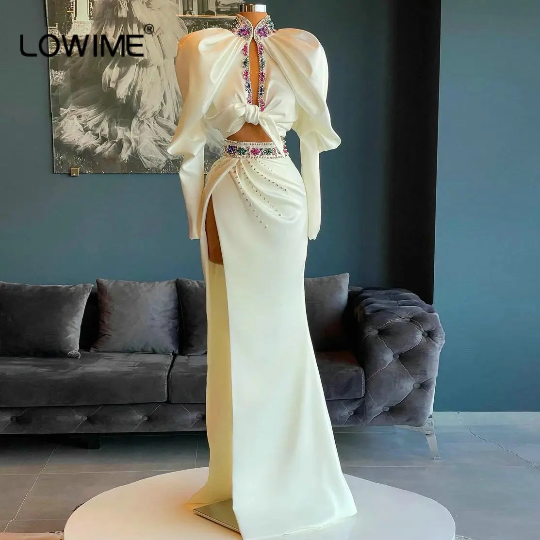 

Elegant Two Piece Prom Dresses with High Side Split Long Sleeves Crystals Women Formal Evening Pageant Gowns for Women Party