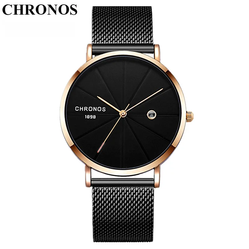 

Часы наручные CHRONOS Мужские кварцевые, Модные Простые повседневные с сетчатым браслетом из нержавеющей стали