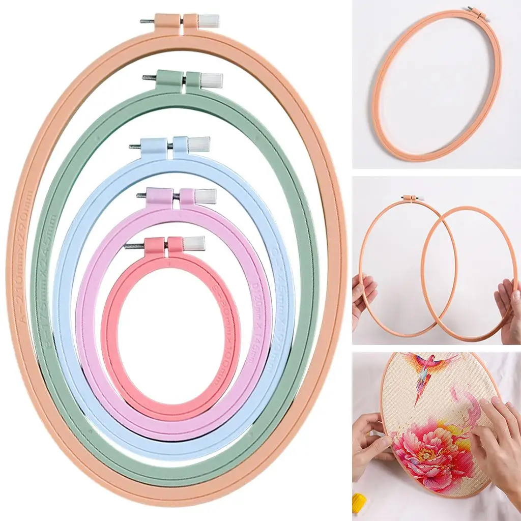 

5Pcs Plastic Embroidery Hoop Oval Cross-Stitch Sewing Display Frame Spring Tension DIY Art Needlework Crafts