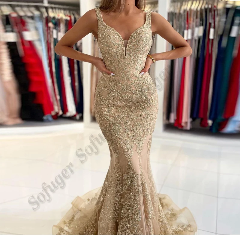 

Luxury Evening Dress 2022 Beads Lace Appliques Sleeveless Mermaid Wedding Deep V-neck Spaghetti Strap Vestidos Robes De Soirée