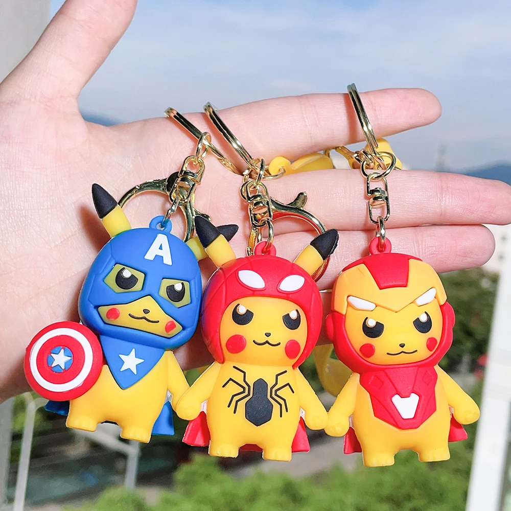 

Q Version Superhero Pikachu PVC Figurine Model Keychain Cartoon Pokémon Pendant Keyring for Fan Collection Ornament Toy Gifts