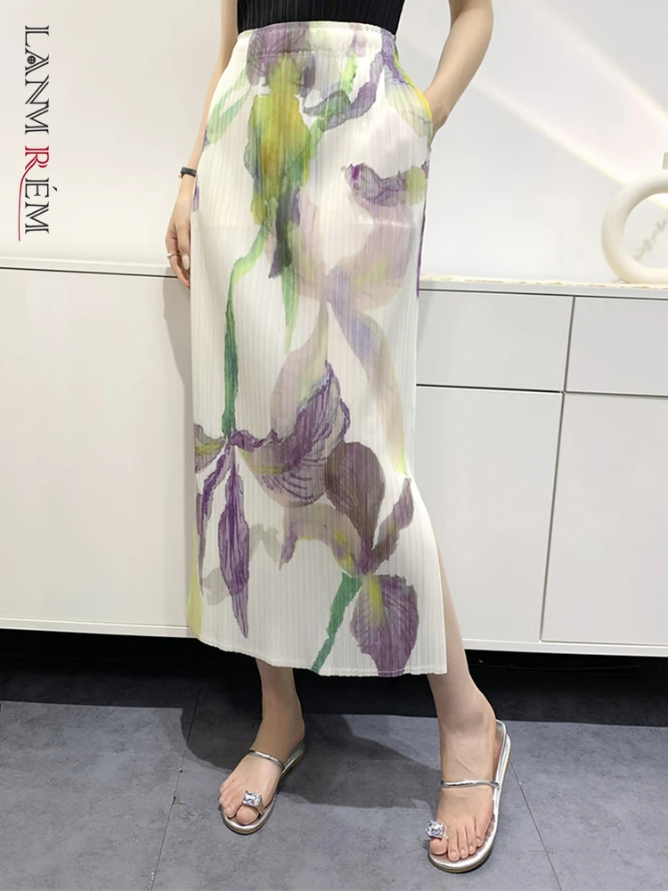 

LANMREM Fashion Pleated Skirt For Women High Waist Printed Thin Split Skirts Female Clothing 2023 Clothing New 2YA3483