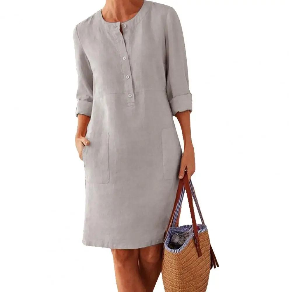 

Women Long Sleeve Pocket Dresses Plus Size Ladies Vestidos Fashion Knee Length O Neck All Match Simple Spring Dress for Female