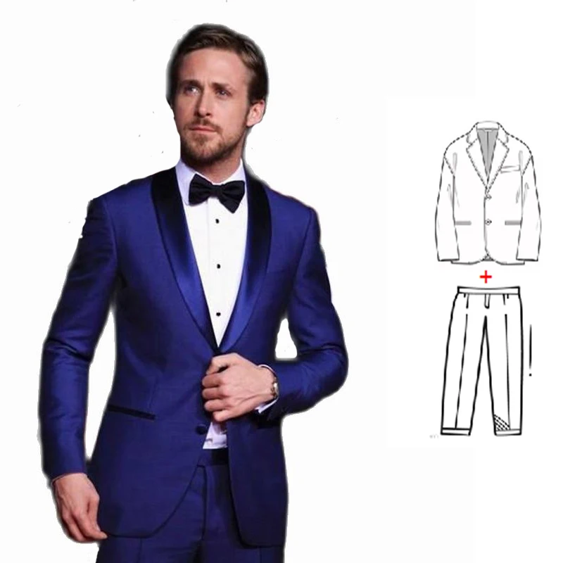 Latest 2 Pieces Suit for Men 2023 Slim Fit Satin Lapel Royal Blue Wedding Tuxedo Groom Best Man Formal Blazer (Jacket+Pants)