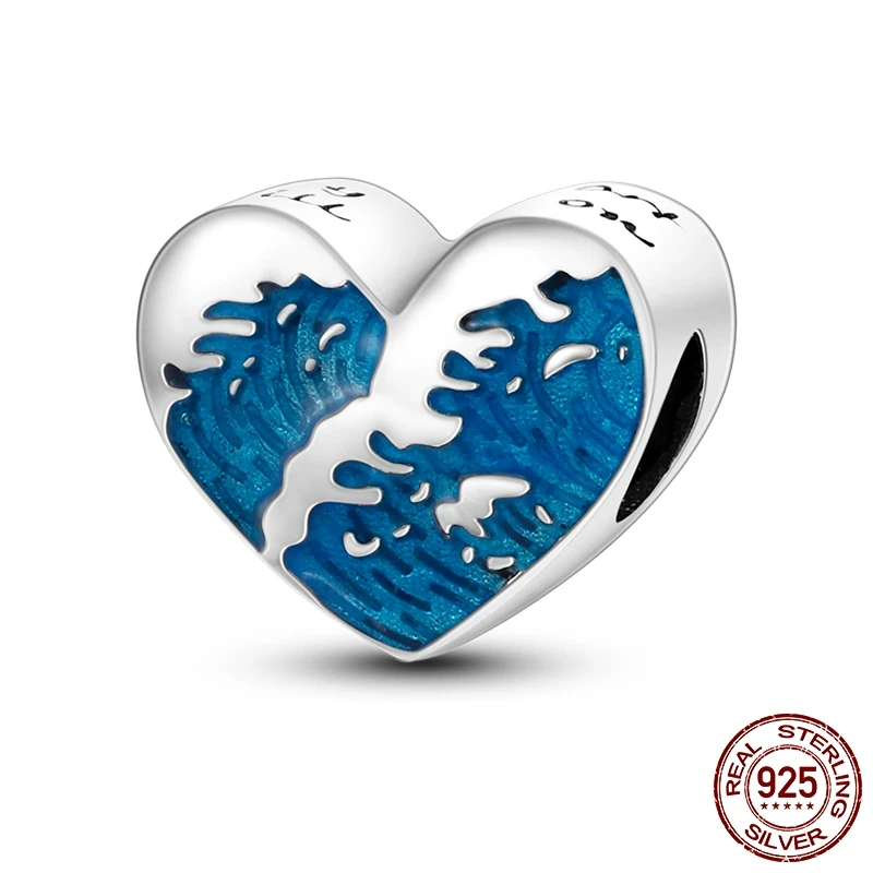 

Blue Heart Spray Ocean Charm fit Bracelet Colorful Enamel Pendant Beads Jewelry Making Love Gift Original S925 Silver