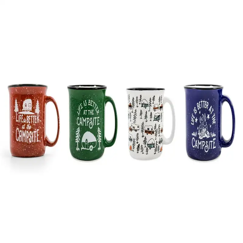 

is Better at The Campsite Speckled Mugs | Microwave and Dishwasher Safe | 4-Pack, Ceramic, 14 oz | Red, Green, White, and Blue (