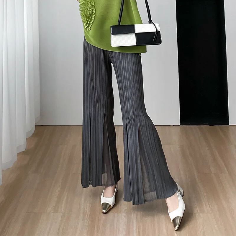 Фото Miyake стиль модные высококачественные удобные повседневные свободные однотонные облегающие прямые брюки для женщин лето 2023 новинка №1