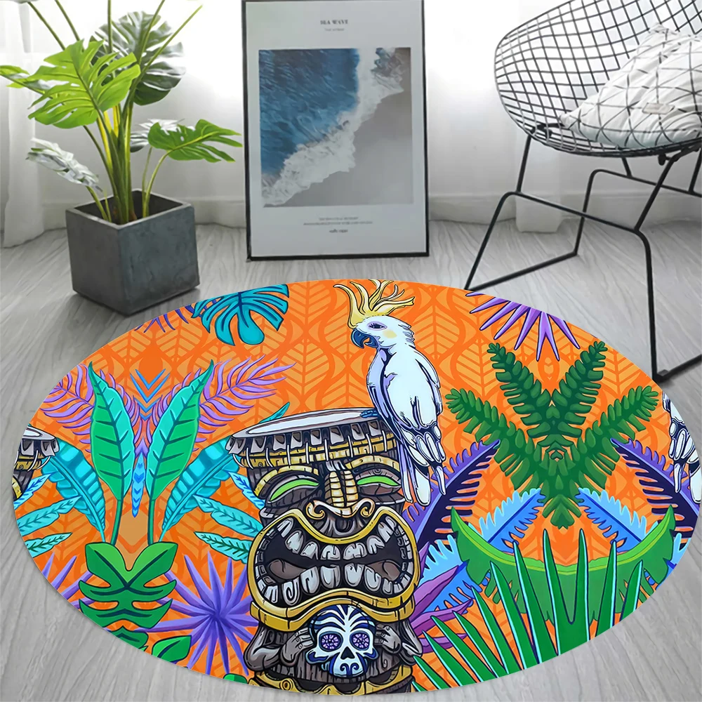 

CLOOCL Hawaii Carpets Tropical Plant Leaf Mask Tattoo Macaw 3D Printed Floor Mats Flannel Round Rug Carpet for Living Room 80cm