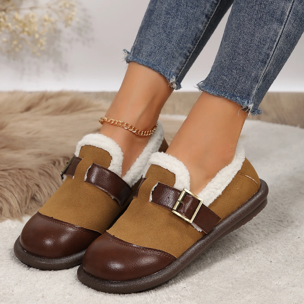 

Women's boots splicing elements retro ankle boots soft soled plush inside comfortable set feet lazy plus size women's shoes