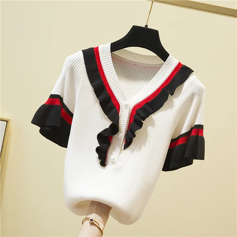 

Korean Style Ruffled V Neck Ice Silk Sweater Women Casual Short Sleeve Pullover 2023 Spring Summer Thin Slim Knitted Tops Female