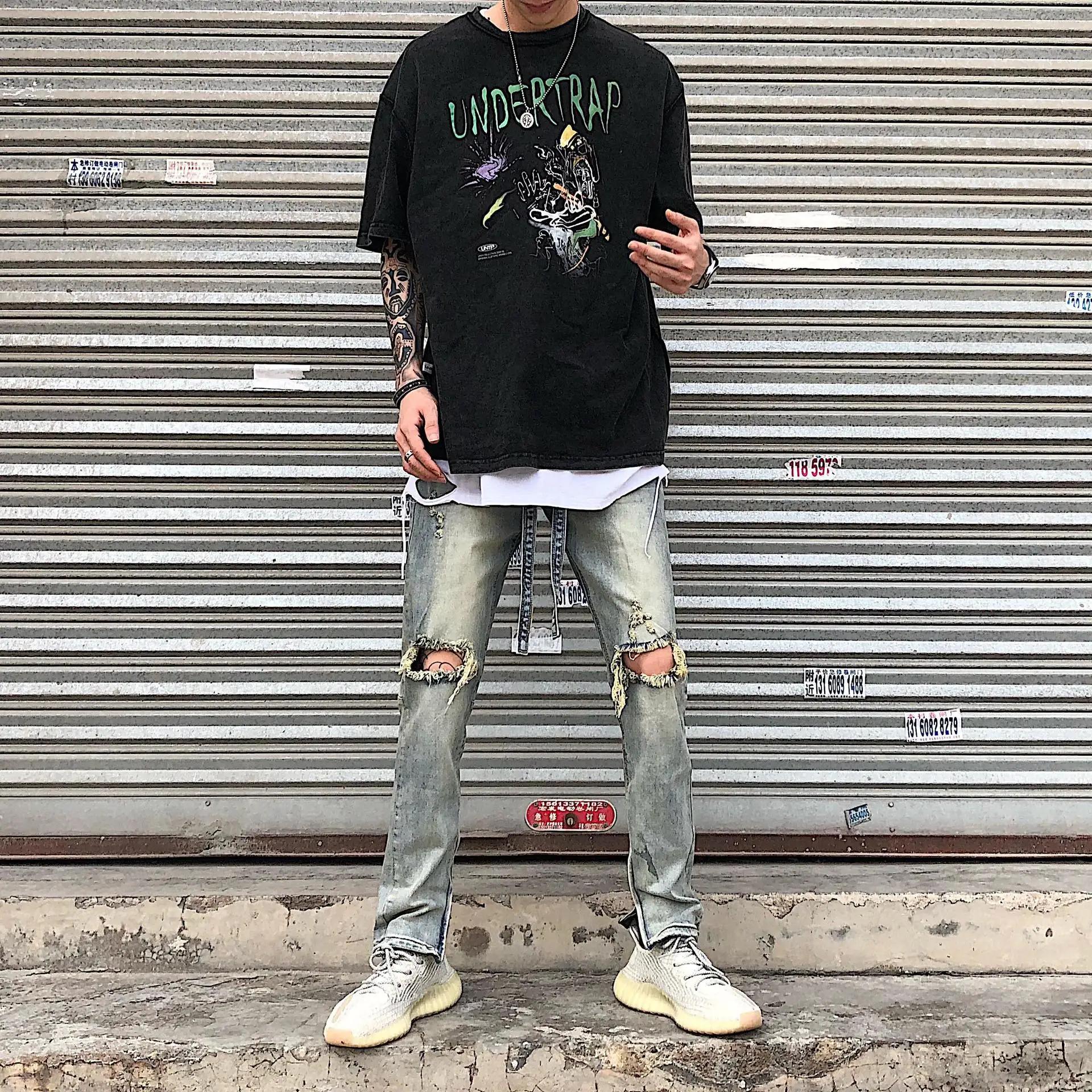 Hip-hop Zipper Jeans Casual Korean Retro Slim Knee Hole Streamer Jeans Wtreetwear Men Denim Pants Pantalones Vaqueros Hombre