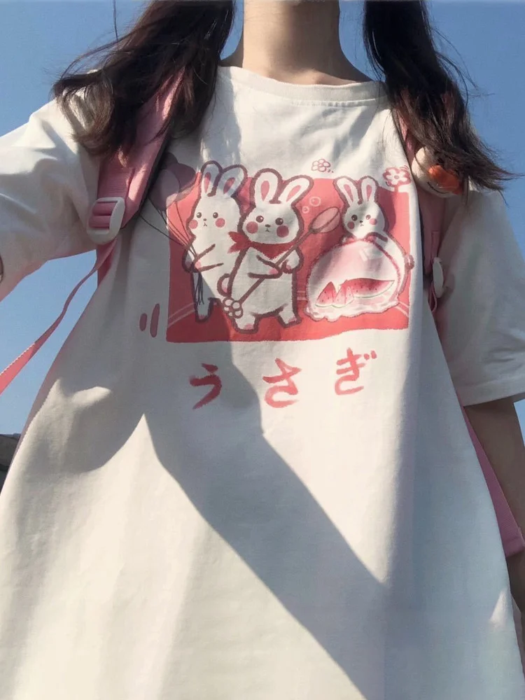 Deeptown Japanese Anime T Shirts Kawaii Harajuku Graphic T-shirt Rabbit Cartoon Print Short Sleeve Summer Tops for Women Fashion