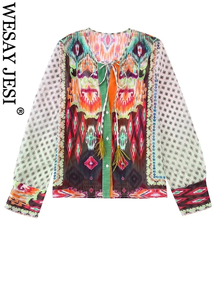 

Легкий летний солнцезащитный однобортный женский топ TRAF ZA с длинным рукавом пляжная симметричная блузка с принтом в стиле ретро