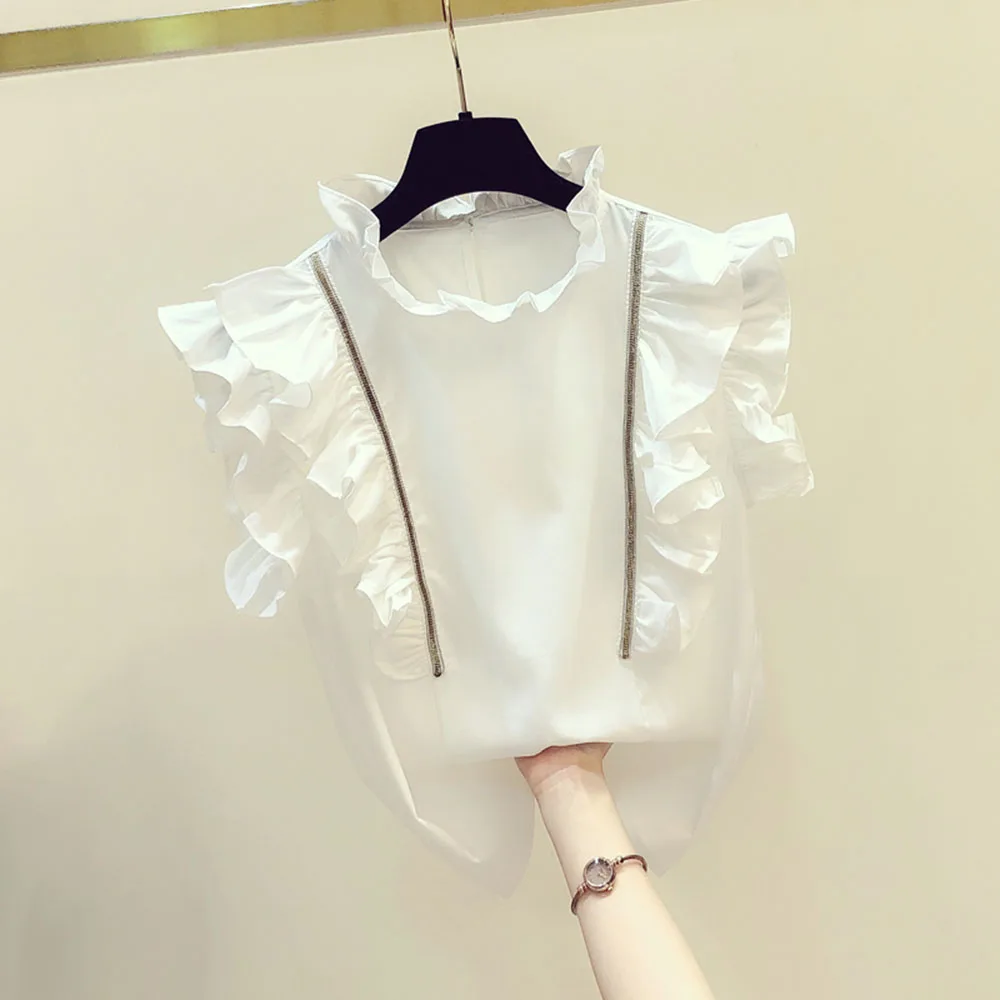 

Футболка женская с коротким рукавом и круглым вырезом, Простая Офисная рубашка с воротником-стойкой, милый пуловер с оборками, лето