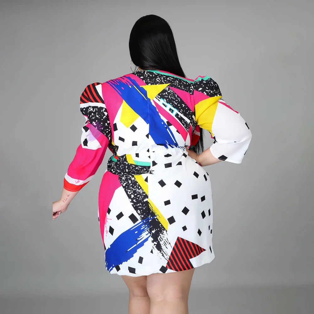 Plus Size Female Dresses Polka Dot Fashion Colorful Printing Half Body Dress Casual V-neck Waist Pullover Short Dress For Women