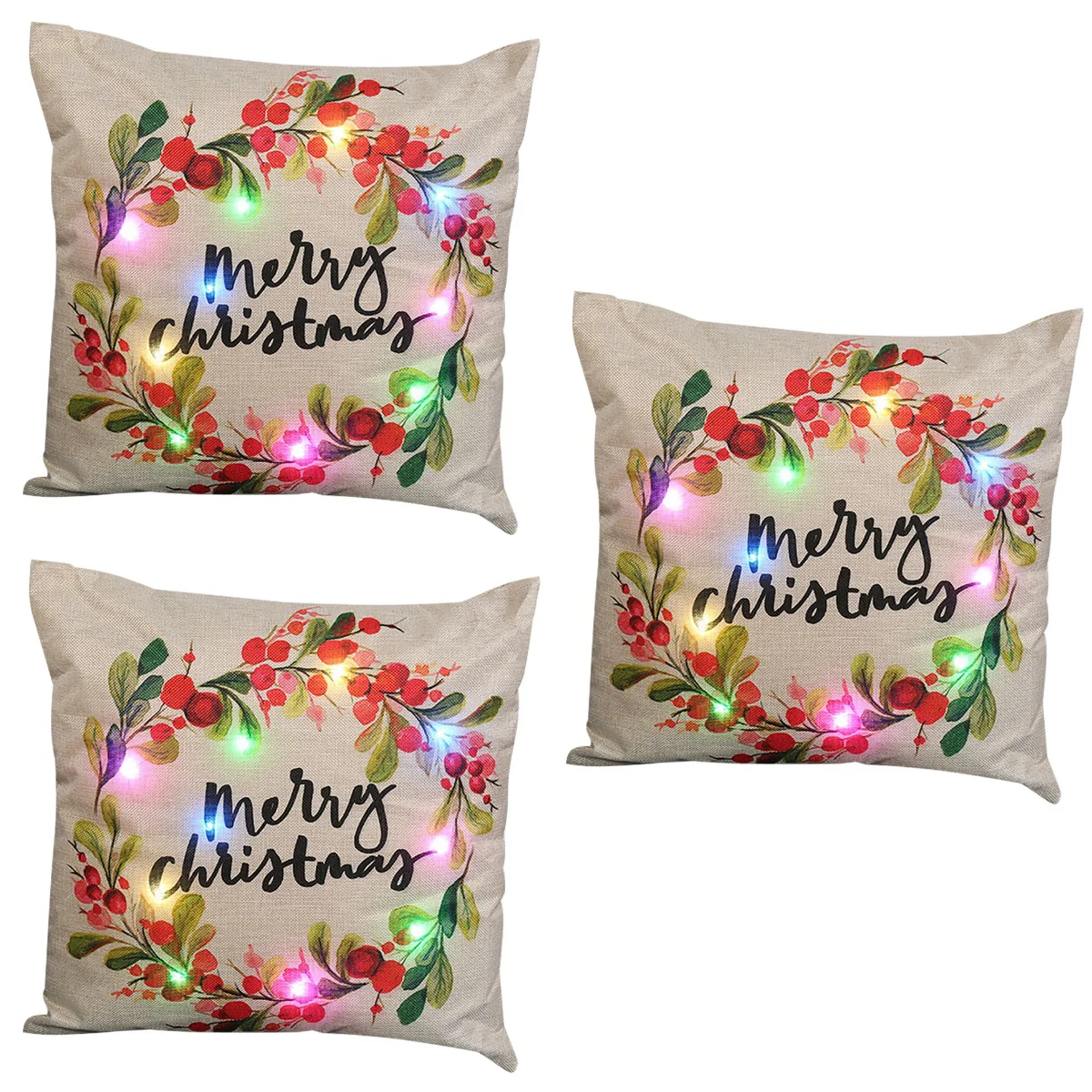 

3pcs Throw Pillow Case with LED Lights Christmas Pillow Case Festival Cushion Cover