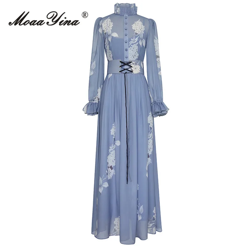 

MoaaYina, весеннее модное дизайнерское винтажное Вечерние Платье с принтом, женское облегающее длинное платье с оборками и воротником на пуговицах