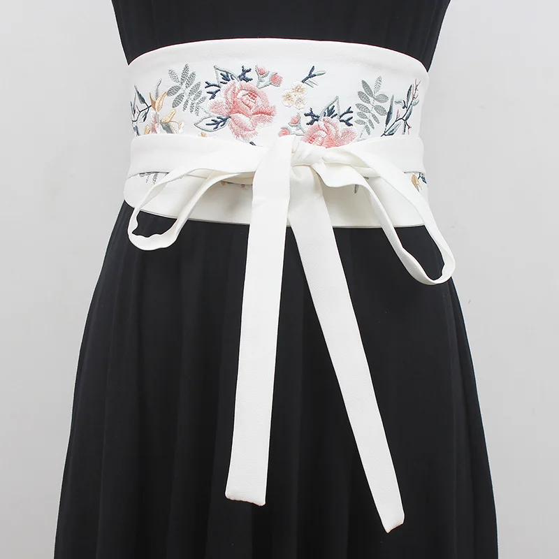 

Retro Chinese Style Women's Wide Waistband Beautiful Embroidery Adjustable High-End Dress Belt Japanese Kimono Obi