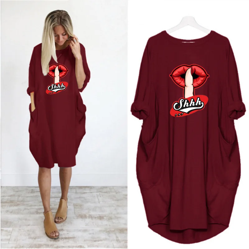 

Sexy Lips Dress Women Autumn Long Sleeve Pocket Solid Streetwear Vestido Midi Dresses On Sales with Free Shipping Woman Clothes