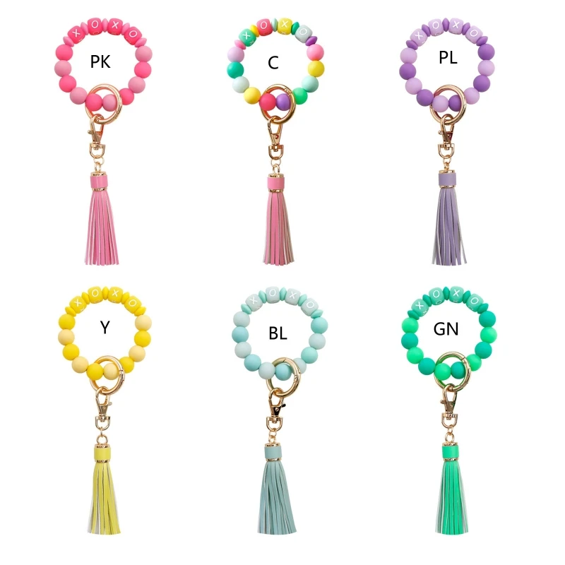 

Wristlet Keychain Bracelet Bangle Key Ring Chain Bracelet with Fluorescent Silicone Bead Leather Bead Keychain for Women