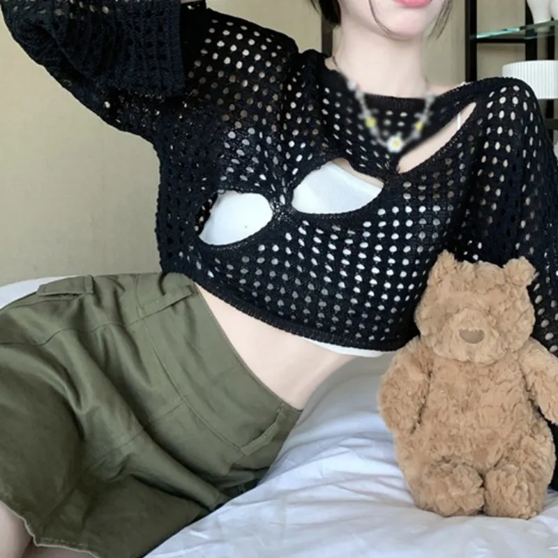 Женская свободная сетчатая укороченная блузка с круглым вырезом прозрачные