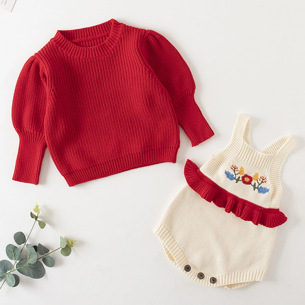 

Toddler Baby Girls Sweater Romper 2pcs Long Sleeves Baby Knitted Set Infant Baby Knitting Spring Autumn Newborn Baby Girls Suit