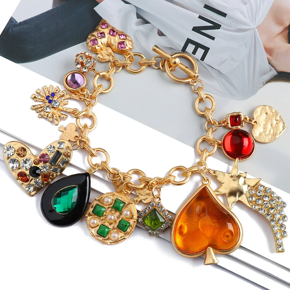 

Big Exaggerated Pendant Charm Mixed Crystal Pearl Fashion Gold Bangles Bracelet Street Trendy Jewelry