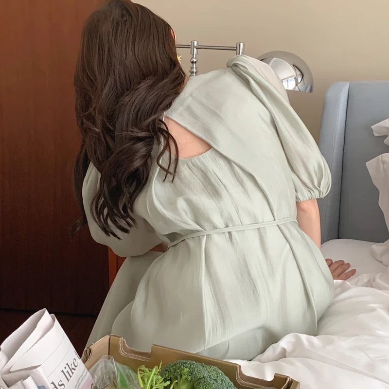 

Feminino Sexy Backless Drawstring High Waist Dress Women Summer Elegant O Neck Dresses Korean Fashion Puff Sleeve Vestidos