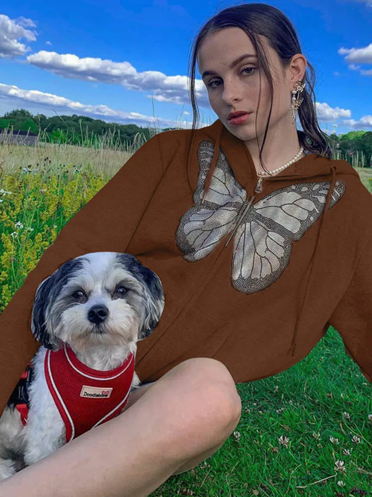 Модные женские худи с рисунком бабочки на молнии уличная одежда в стиле E-girl 90-х