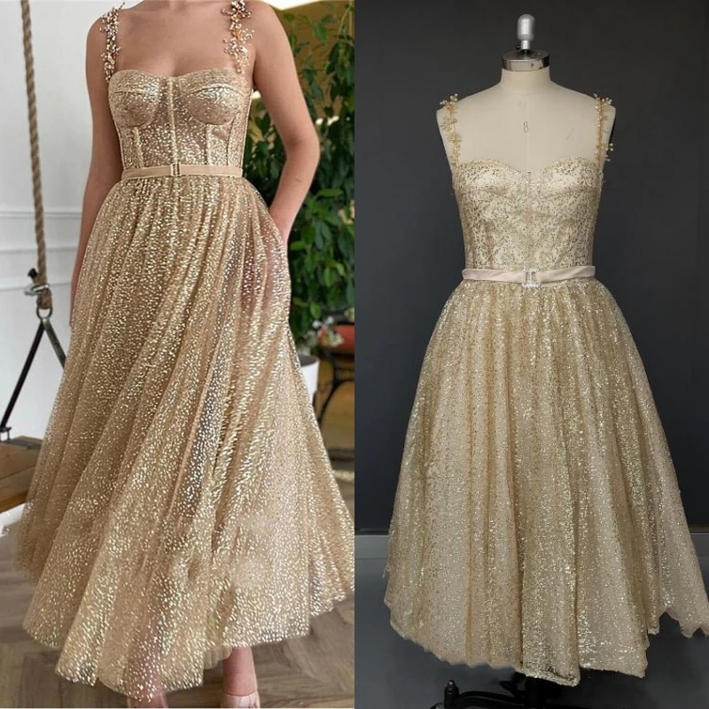 

14299# Real Photos Shiny Pearl Spaghetti Straps A-line Engagement Wedding Gown Birthday Party Dress For Women Prom Evening Dress