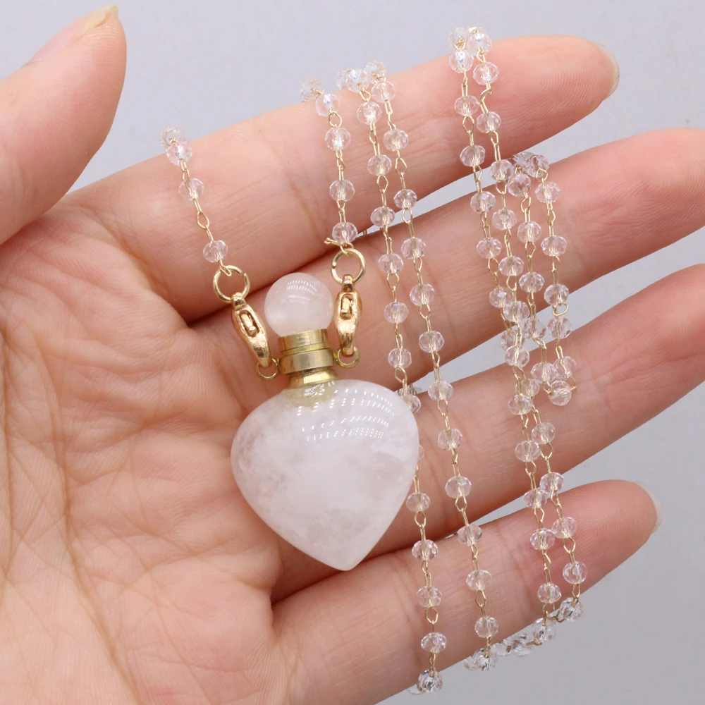 

Heart Natural Stone Clear Quartz Perfume Bottle Pendant Necklace White Crystal Chain Necklace for Women Luxury Wedding Jewelry