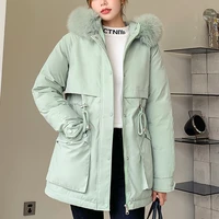 2022 womens winter jacket students solid hooded large fur parkas drawstring slim fashion warm coat female snow wear outwear